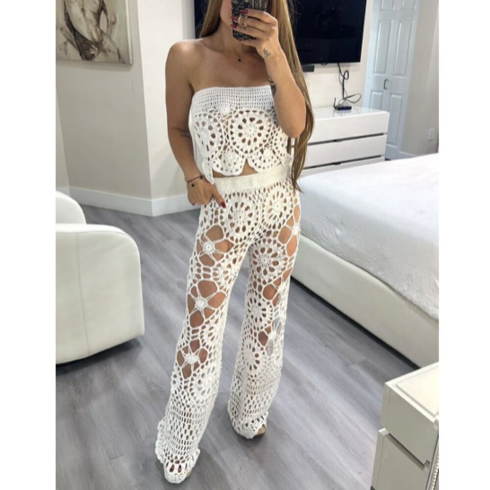 Crochet Knit 2-Piece Coverup Bandeau Top & Pant Set, White M NWT - Picture 2 of 10